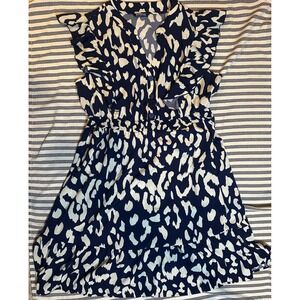 Bloomchic Navy Cream Animal Print Ruffle Sleeve Smocked Waist Midi Dress Plus